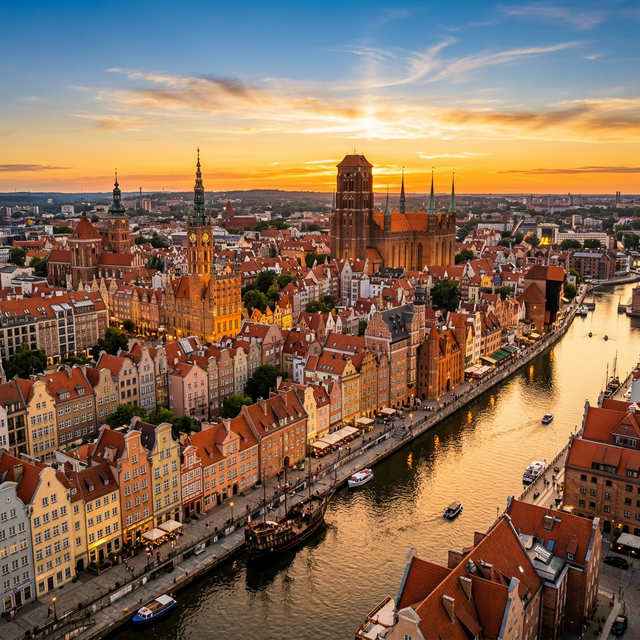 Vista aérea de Gdańsk, Polonia al atardecer — destino principal de Cloud Travel